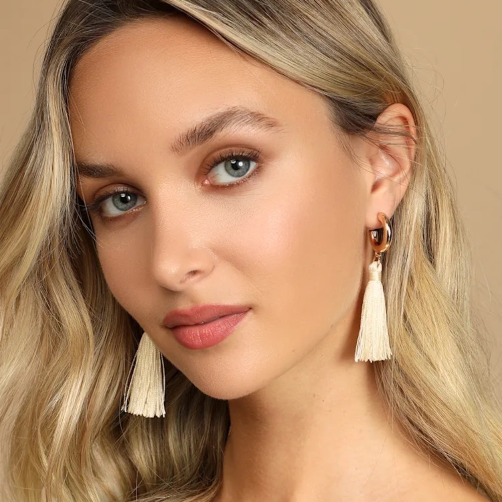 Shine Through Ivory and Gold Tassel Hoop Earrings by Lulus